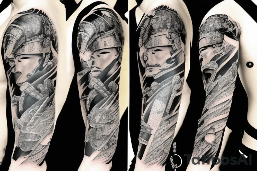 a japanese warrior on a realistic and highly detailed arm tattoo idea