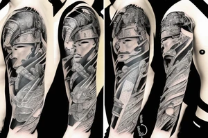 a japanese warrior on a realistic and highly detailed arm tattoo idea