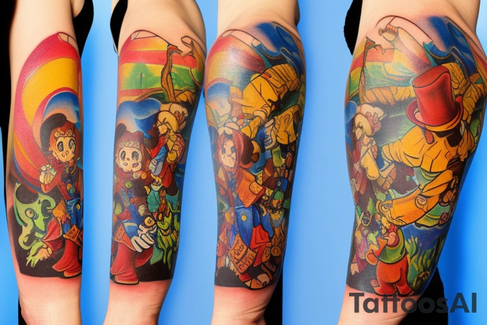 Sleeve with Disney, soccer, travel, chocolate chip cookies, gummi bears tattoo idea