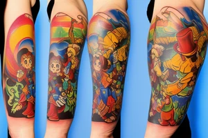 Sleeve with Disney, soccer, travel, chocolate chip cookies, gummi bears tattoo idea