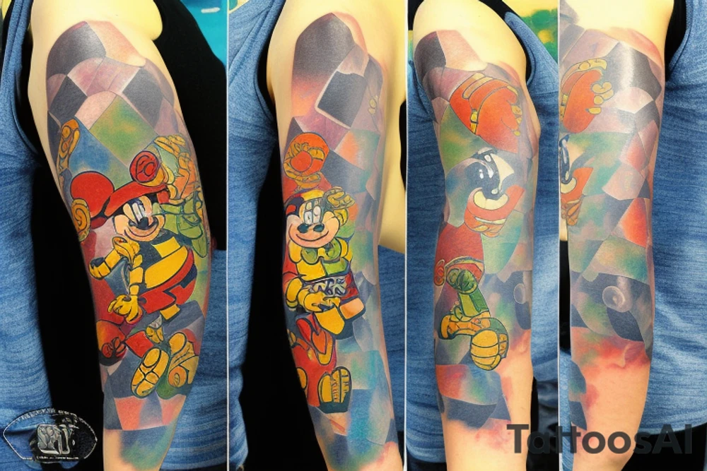 Sleeve with Disney, soccer, travel, chocolate chip cookies, gummi bears tattoo idea