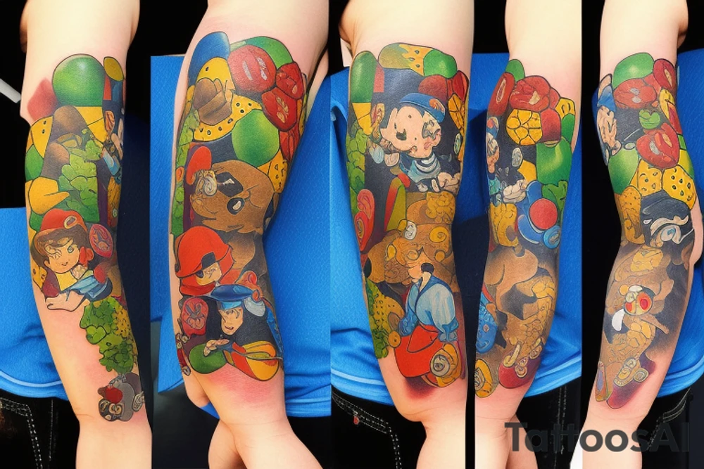 Sleeve with Disney, soccer, travel, chocolate chip cookies, gummi bears tattoo idea