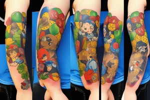 Sleeve with Disney, soccer, travel, chocolate chip cookies, gummi bears tattoo idea
