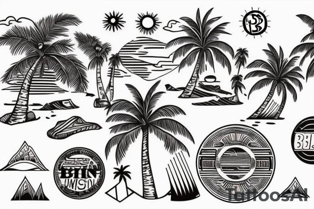 a sunset, on a beach, with two palm trees, crossing their tops, tattoo style, one color,, upper back, there is a bitcoin logo in the center of the sun tattoo idea