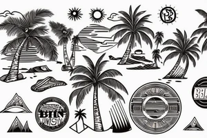 a sunset, on a beach, with two palm trees, crossing their tops, tattoo style, one color,, upper back, there is a bitcoin logo in the center of the sun tattoo idea