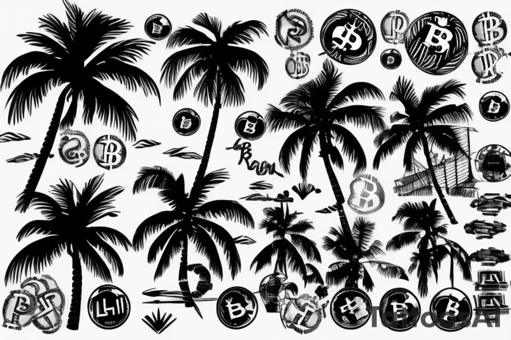 a sunset, on a beach, with two palm trees, crossing their tops, tattoo style, one color,, upper back, there is a bitcoin logo in the center of the sun tattoo idea