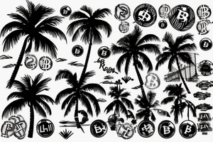 a sunset, on a beach, with two palm trees, crossing their tops, tattoo style, one color,, upper back, there is a bitcoin logo in the center of the sun tattoo idea