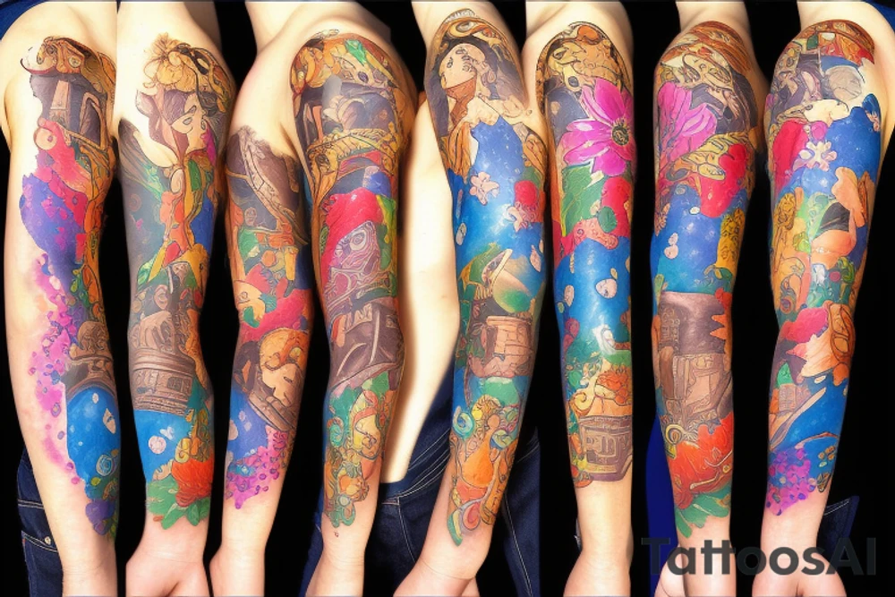 Sleeve with Disney, soccer, travel, chocolate chip cookies, gummi bears tattoo idea