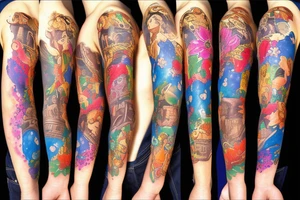 Sleeve with Disney, soccer, travel, chocolate chip cookies, gummi bears tattoo idea