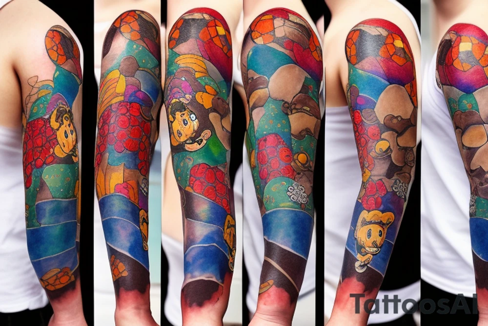Sleeve with Disney, soccer, travel, chocolate chip cookies, gummi bears tattoo idea