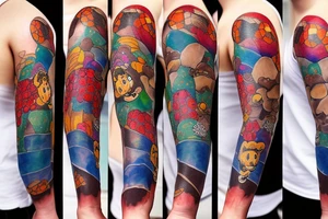 Sleeve with Disney, soccer, travel, chocolate chip cookies, gummi bears tattoo idea