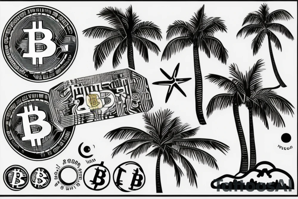 sunset on a beach, two palm trees, bitcoin logo in the center of the sun tattoo idea