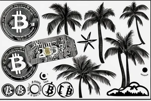 sunset on a beach, two palm trees, bitcoin logo in the center of the sun tattoo idea