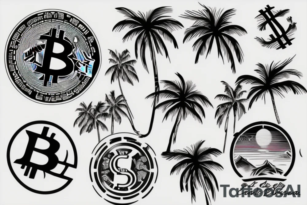 sunset on a beach, two palm trees, bitcoin logo in the center of the sun tattoo idea