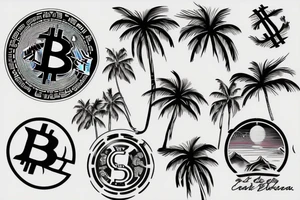sunset on a beach, two palm trees, bitcoin logo in the center of the sun tattoo idea