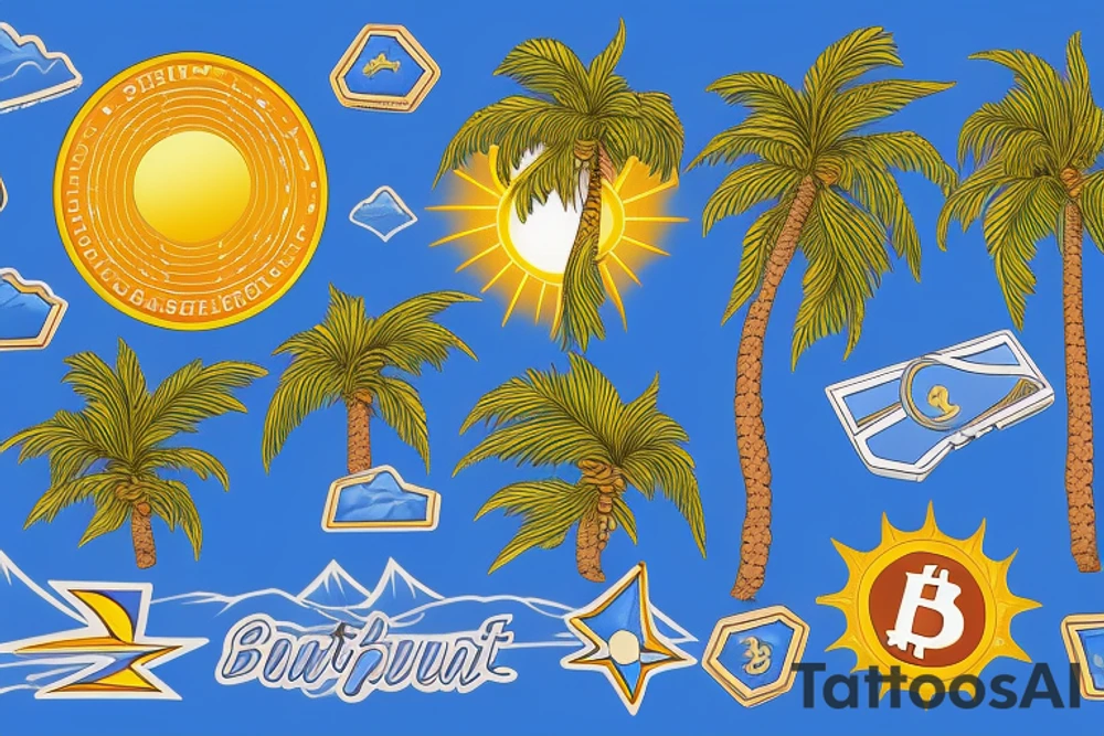 sunset on a beach, two palm trees, bitcoin logo in the center of the sun tattoo idea