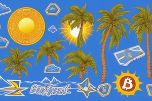 sunset on a beach, two palm trees, bitcoin logo in the center of the sun tattoo idea