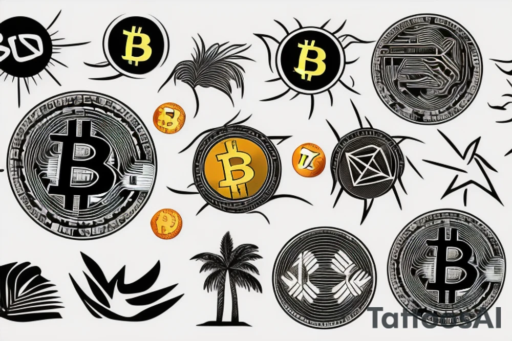 sunset on a beach, two palm trees, bitcoin logo in the center of the sun tattoo idea