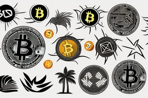 sunset on a beach, two palm trees, bitcoin logo in the center of the sun tattoo idea