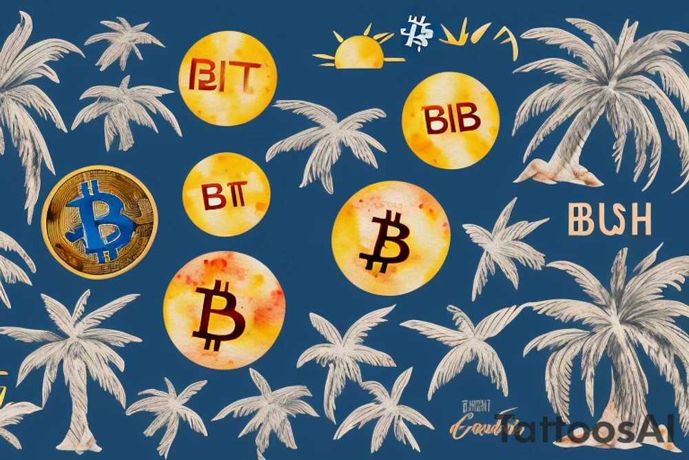 sunset on a beach, two palm trees, bitcoin logo in the center of the sun tattoo idea