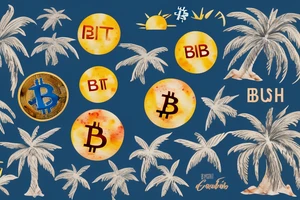 sunset on a beach, two palm trees, bitcoin logo in the center of the sun tattoo idea