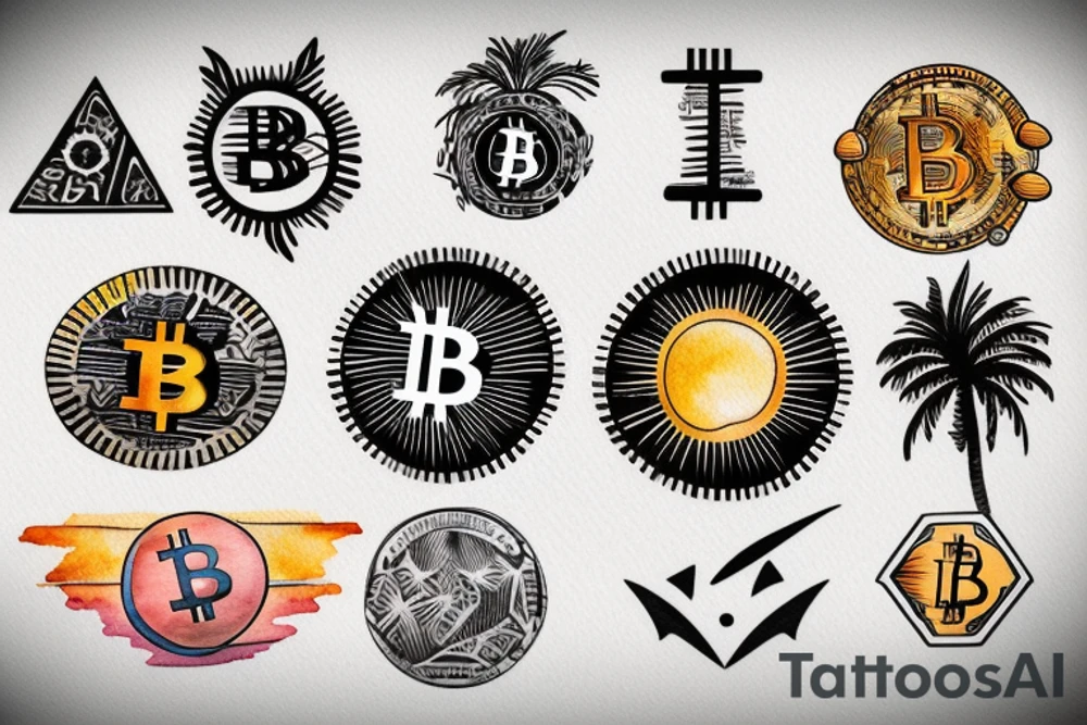 sunset on a beach, two palm trees, bitcoin logo in the center of the sun tattoo idea