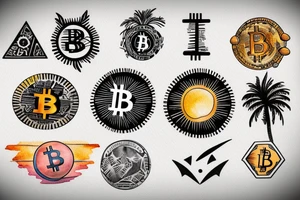 sunset on a beach, two palm trees, bitcoin logo in the center of the sun tattoo idea