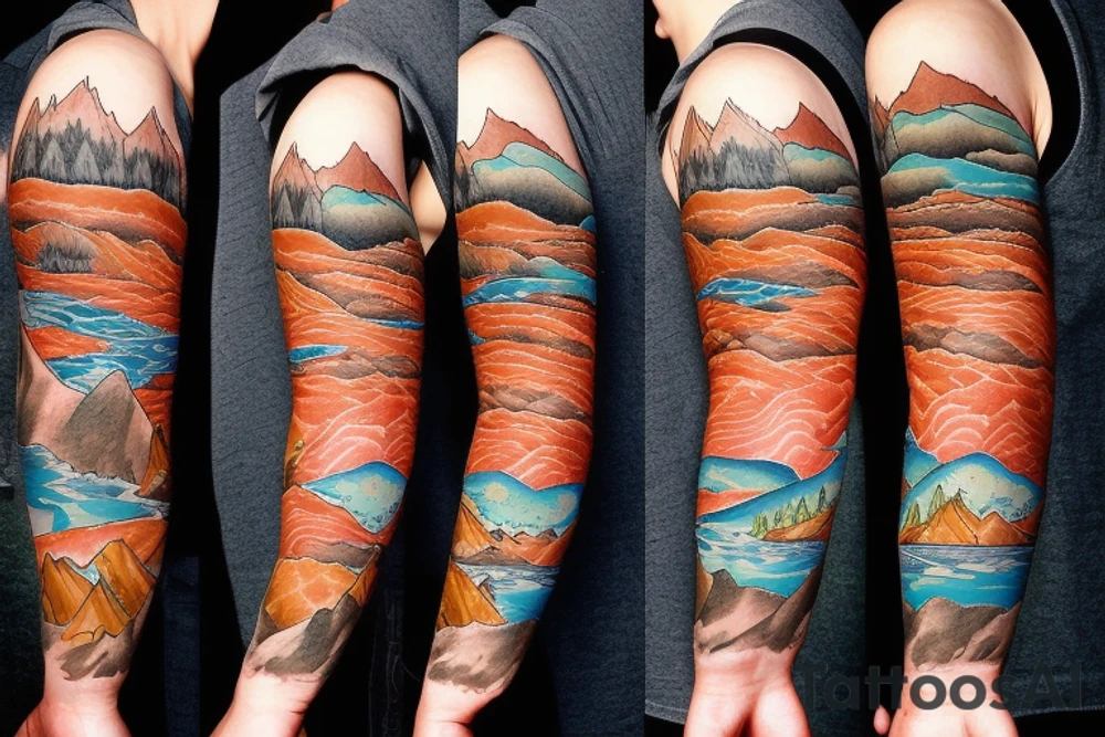 landscape of a mountain with a river running down from the top with salmon in the river and a fisherman tattoo idea