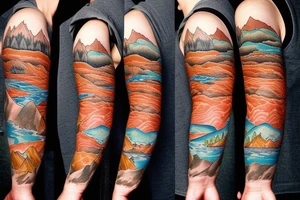 landscape of a mountain with a river running down from the top with salmon in the river and a fisherman tattoo idea