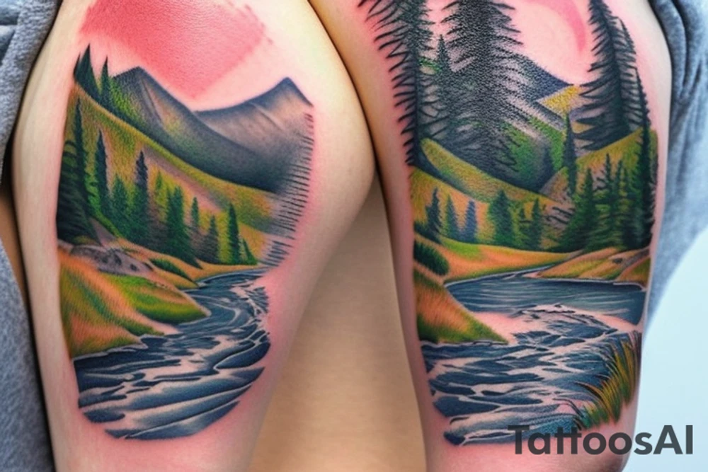 landscape of a mountain with a river running down from the top with salmon in the river and a fisherman tattoo idea