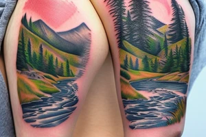 landscape of a mountain with a river running down from the top with salmon in the river and a fisherman tattoo idea