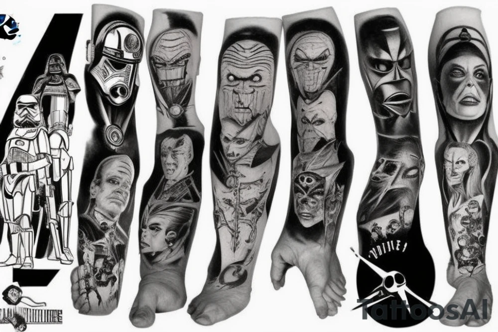 Villains from Star Wars themed leg sleeve tattoo idea