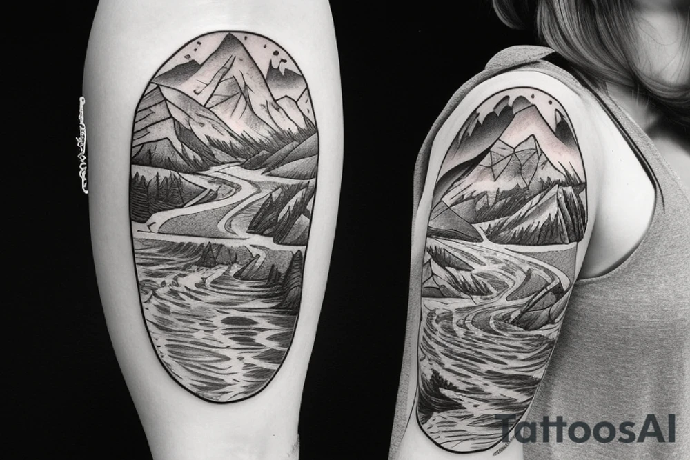 landscape of a ski mountain with a river running down from the top with salmon in the river tattoo idea