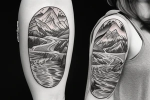 landscape of a ski mountain with a river running down from the top with salmon in the river tattoo idea
