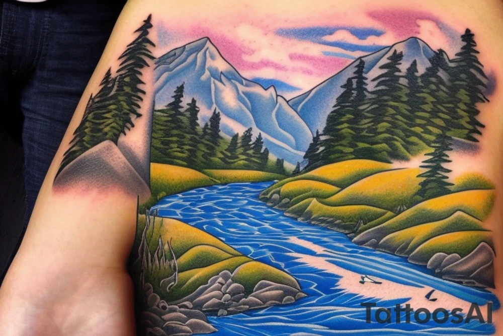 landscape of a ski mountain with a river running down from the top with salmon in the river tattoo idea