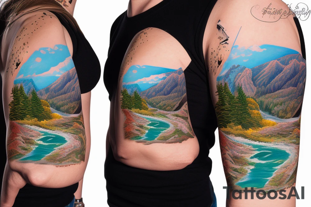 landscape of a ski mountain with a river running down from the top with salmon in the river tattoo idea