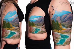 landscape of a ski mountain with a river running down from the top with salmon in the river tattoo idea