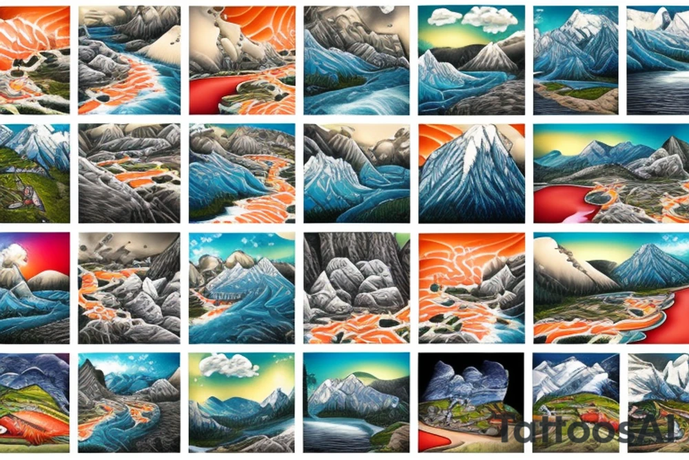 landscape of a ski mountain with a river running down from the top with salmon in the river tattoo idea