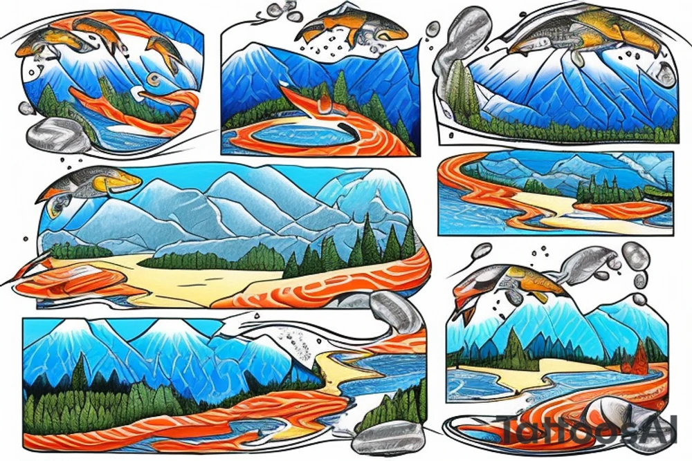 ski mountain with snow, a river running down from the top with salmon in the river tattoo idea