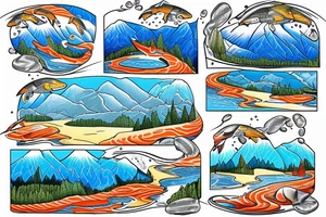 ski mountain with snow, a river running down from the top with salmon in the river tattoo idea