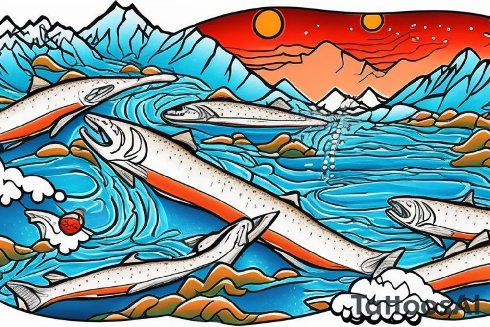 ski mountain with snow, a river running down from the top with salmon in the river tattoo idea