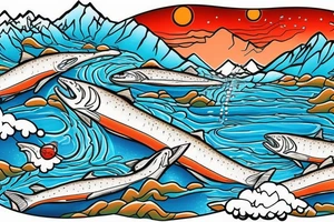 ski mountain with snow, a river running down from the top with salmon in the river tattoo idea