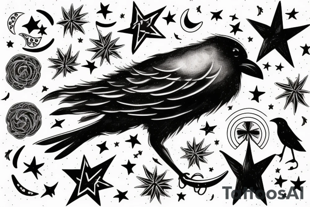 Crow with stars and moon swirl tattoo idea