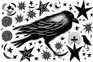 Crow with stars and moon swirl tattoo idea