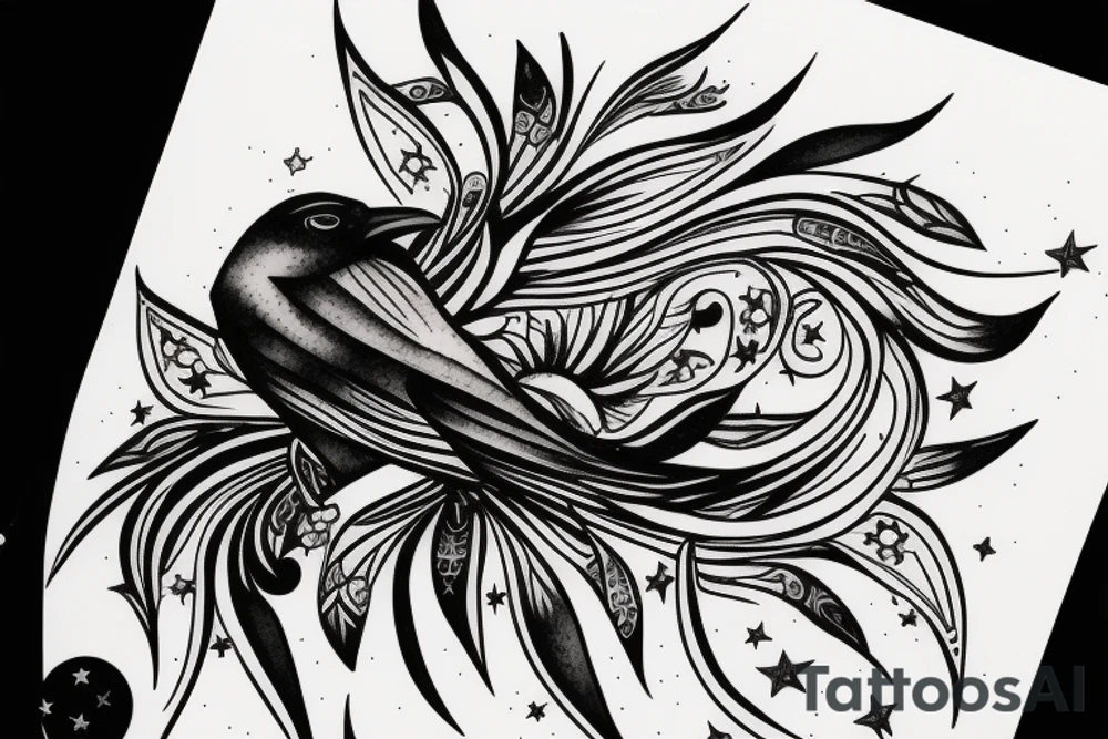 Crow with stars and moon swirl tattoo idea