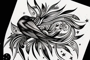 Crow with stars and moon swirl tattoo idea