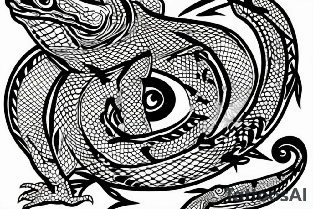 black and white Lizard with andean inca desing inside body tattoo idea