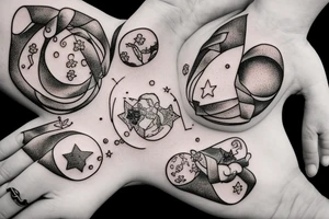 Two Hands Reaching out to Each Other, Arms, A Bubble In The Middle With A Ribbon Tiedo onto it, stars surrounding tattoo idea