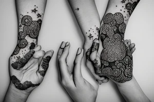 Two Hands Reaching out to Each Other, Arms, A Bubble In The Middle With A Ribbon Tiedo onto it, stars surrounding tattoo idea