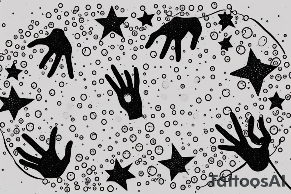 Two Hands Reaching out to Each Other, Arms, A Bubble In The Middle With A Ribbon Tiedo onto it, stars surrounding tattoo idea